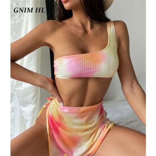 GNIM Sexy Tie-Dye Bandeau Swimwear Women Push Up Bikini 2021 One Shoulder Swimsuit Female 3 Piece Beachwear Cover Up Bather Suit