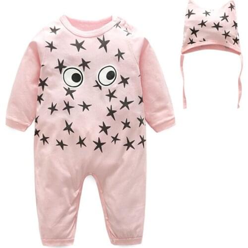 Cute Funny Big Eye Baby Romper Long Sleeve Infant Toddlers Star Printed Cotton Jumpsuit Baby Clothing Set Grey Pink