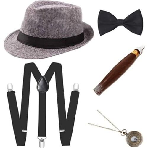 1920s Mens Cosplay Gangster Costume Accessories Set Manhattan Hat Suspenders Pre-Tied Bow Tie Fake Plastic Cigar Pocket Watch