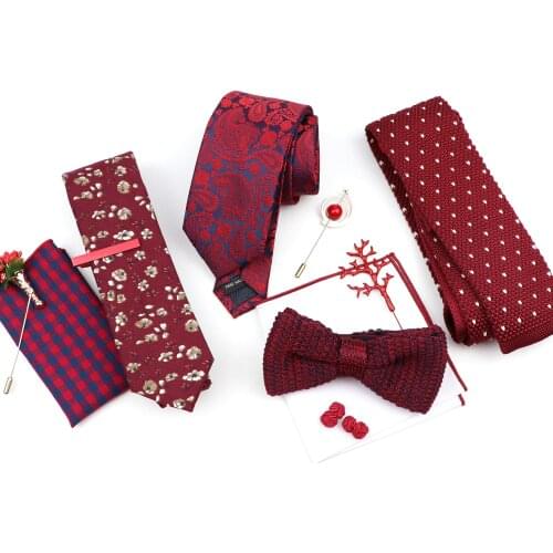 Men Red Tie Set New Polyester/Cotton Jacquard Woven Necktie Bowtie Brooch Clip Suit Vintage For Groom Business Wedding Party