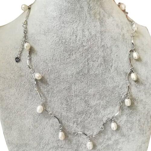 20 inches Natural White 7-8mm Rice Pearl 925 Sterling Silver Chain Necklace