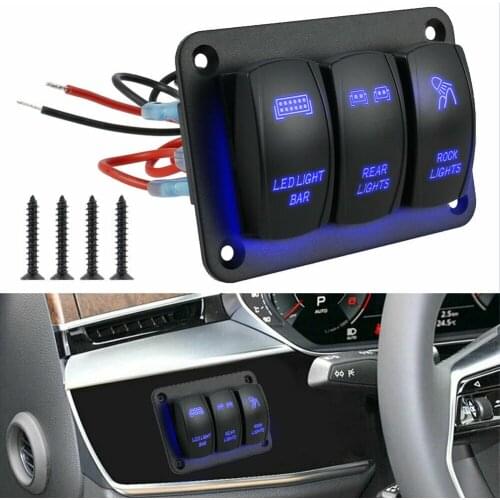 3 Gang Rocker Switch Panel 12V 24V ON/OFF Toggle Switch Panel with Blue LED Light for Car Marine Boat RV Truck Camper