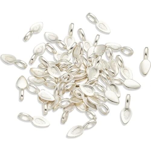 Pandahall 50 pcs Tibetan Style Alloy Glue-on Flat Pad Bails for Jewelry Finding DIY Necklace Leaf Silver Color 21x8x6mm Hole:4mm