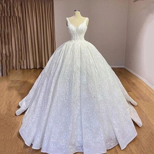 Luxury Beads Sequins Ball Gown Lace Wedding Dress Sexy Deep V Neck Spaghetti Straps Wedding Bridal Gowns Vestido de Noiva