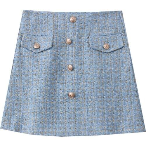 Temperament small fragrance wind bright tweed Skirt Female high waist button elegant Skirt feminine plaid Simplicity Skirt Women