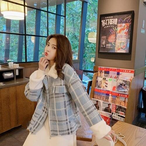 2020 Womans Winter woolen outwear Fashion Warm Short woolen Coat Female Lamb Hair Student Plaid Autumn Thick Fur Collar Jacket