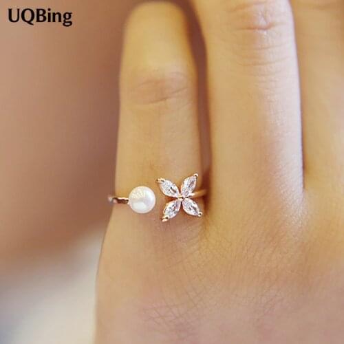 New Arrivals 925 Sterling Silver Rings Opening Crystal Butterfly With Simulated Pearl Ring For Girl Women Gift Jewelry