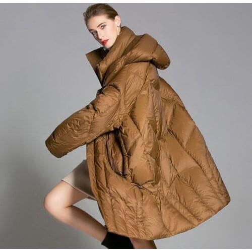 Winter new style long down jacket women medium American version loose cotton black duck down jackets with a hood pure color coat