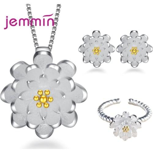 New Korean Trend 925 Sterling Silver Lotus Flower Jewelry Sets For Women Rings Necklaces Earrings Fashion Wedding Jewelry