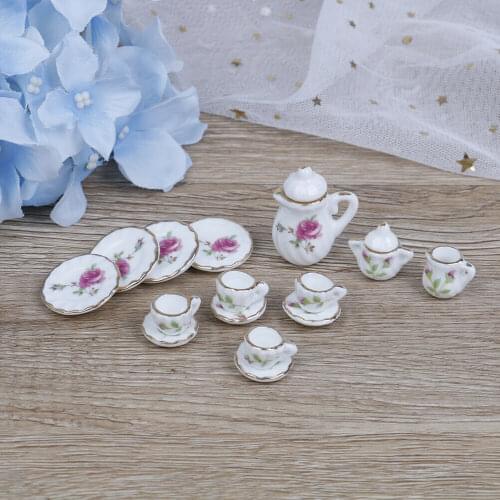 15PCS 1/12 Miniature doll house pink Flower Patten Porcelain Coffee Tea Cups Ceramic Tableware Dollhouse Kitchen Accessories