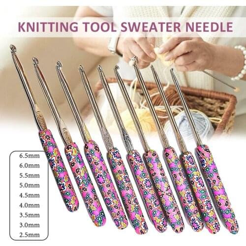 9pcs Knitting Needles 2.5-6.5mm Aluminum Crochet Hook Set Polymer Clay Handles Knitting Kit DIY Craft Yarn Weave Sewing Tool