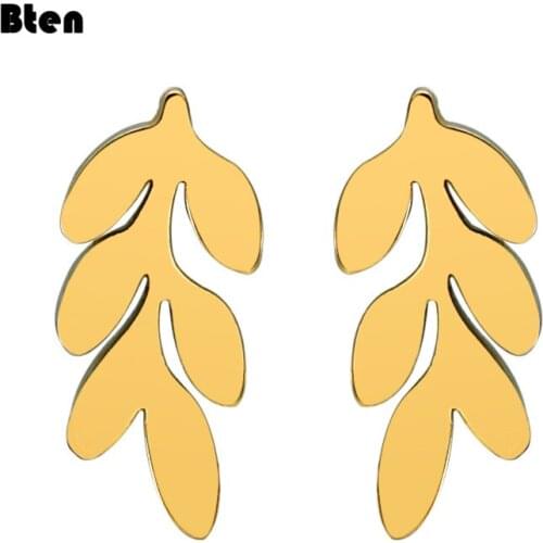 Bten European Style 14k Gold plated Earrings For Women Simple Olive Branch Leaf Earrings Sweet Cute Student Jewelry