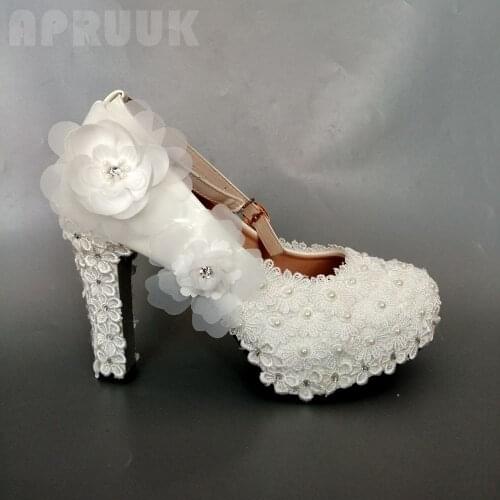 White lace flower bride wedding shoes high heel 11cm block heeled round toes plus size 34-42 women bridesmaid bridal pumps shoe
