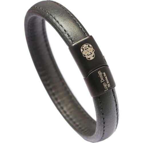 Free Shipping 5 Pcs Fashion 316L Stainless Steel Skull Leather Bracelet With Custom Logo Magnet Lock Engraved Diy Jewelry