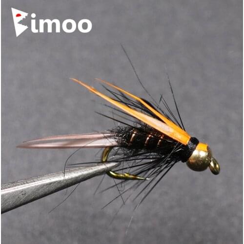 Bimoo 10PCS #12 Brass Golden Head Trout Grayling Fishing Flies Wet Fly Bead Head Crazy Black Psycho Prince Nymphs