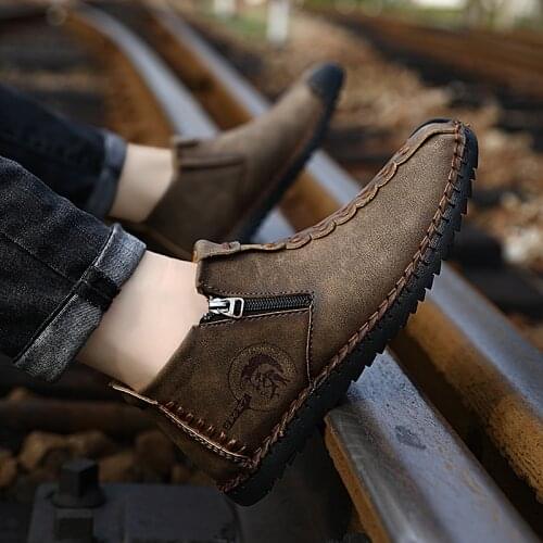 Male Ankle Boot Mid Top Boots Man Classic Zipper Handmade Soft Flats Sneakers Footwear New Mens Walking Shoes Big Size 38-48