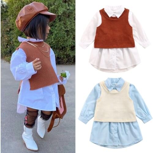 FOCUSNORM 2-7Y Fashion Kids Girls Dress 2pcs Solid Long Sleeve Single Breasted A-Line Shirts Dress+Knitting Vest