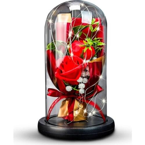 Artificial Eternal Rose LED Light Beauty The Beast In Glass Cover Christmas Mother Valentines Day New Year Gift Home Decor