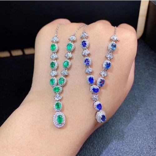 Graceful blue sapphire / green emerald necklace for women with silver jewelry natural gem real silver hot selling gift style