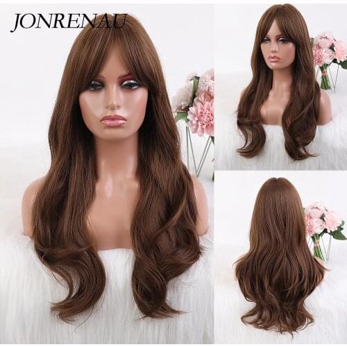 JONRENAU High Temperature Fiber Hair Wigs Daily use Cosplay Long Loose Wave light Brown Synthetic Wig With Side Bangs for Women