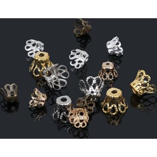 200pcs/lot DIY End Caps Gold/Rhodium/Bronze Plated Hollow Flower Metal Charms Bead Caps for Jewelry Making 6x5mm