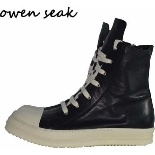 Owen Seak Men Shoes High-TOP Ankle Boots Casual Genuine Leather Sneaker Luxury Trainers Boots Lace-up Zip Flat White Big Shoes