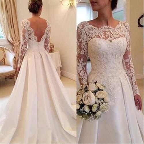Long Sleeve Lace Wedding Dresses with Sheer Scoop Neck A-Line Court Train Skirt Church Bohemian Garden Bridal Gowns