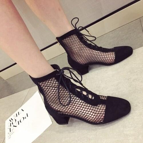 In the summer sandals with hollow out woman short tube network boot strap black gauze Roman shoes