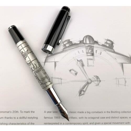 High Quality Metal Fountain Pen World Map Silver Plated Pen Mens Non Carbon Ink Pen Calligraphy Pen