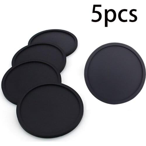 Silicone Black Drink Coasters Set of 5 Non-slip Round Soft Cup Coasters, Perfect for Bar and House, Durable Easy to Clean Black