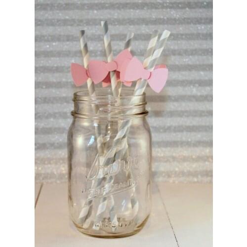 Pink bow paper straws, baby shower party decor, Grey striped straws, pink bow