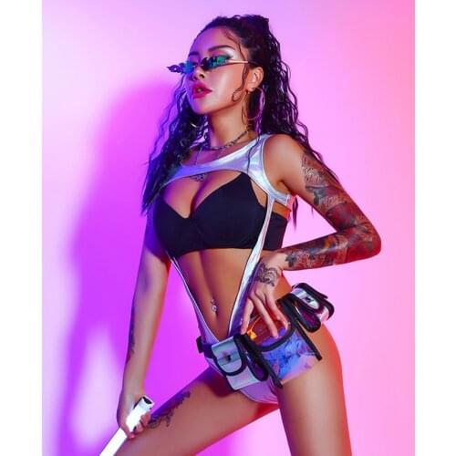 Silver Pole Dancing Wear Women Sexy Gogo Dancer Costume Rave Bodysuit Stage Costume Festival Clothing Nightclub Costume DL8031
