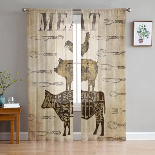 Farm Theme Cow Chicken Tableware Tulle Curtain Voile Transparent Tulle for Bedroom Living Room Kitchen Sheer Window Curtains