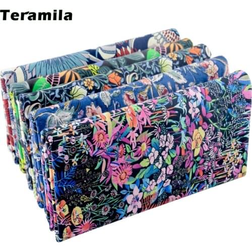 Teramila Blue Geometry Flowers Twill 100%Cotton Cloth Printed Fabric for Sewing Patchwork Needlework Clothes Textile Quilt Dress