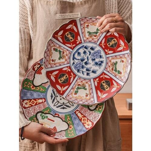 Japanese handmade ancient ceramic plate antique palace style round snack shushi fruit dish wedding gift tableware