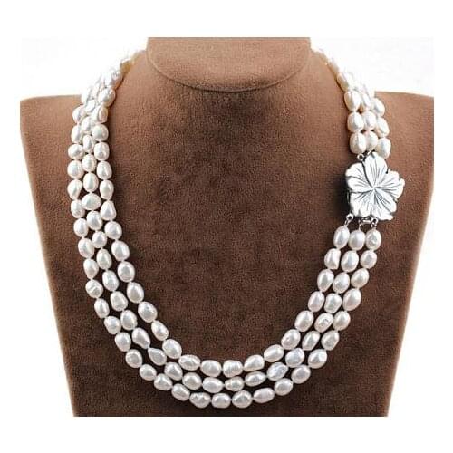 Pearl Statement Necklace 3 rows Natural Freshwater Pearl Shell Flower Clasp Wedding Bridal Bridesmaid Girlfriend Women Gift