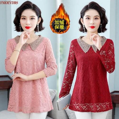 Women Winter Spring Tunic Basic Elegant Office Lady Plus Size Casual Peter Pan Collar Warm Velvet Inside Lace Peplum Tops Blouse