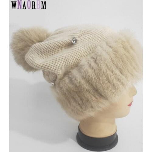 Womens Genuine mink Hats Autumn and winter 100% Fox Fur hair ball Warm Real Fur Knit Wool hat High elasticity Caps