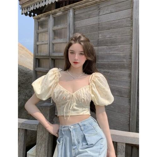 Merry Pretty Cropped Blusas De Mujer Sexy Lady V-neck Puff Sleeve Lace Up Crop Tops Summer Womens Korean Crop Blouses Short Top