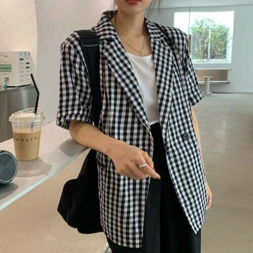 Vintage Women Black White Plaid Blazer New Summer Autumn Chic Casual Female Short Sleeve Small Suit Jacket Stylish Ladies Blazer