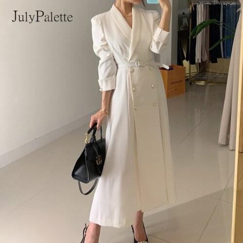 JulyPalette Elegant Office Ladies Blazer Dress Double Breasted Women Belt Maxi Dress Autumn Winter Female V-neck Dress Plus 3XL