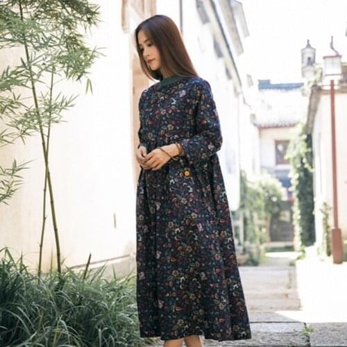 Johnature Women Vintage Dress Autumn 2021 New Cotton Linen Print Floral Soft Sweet Loose Mandarin Collar Button Full Sleeve