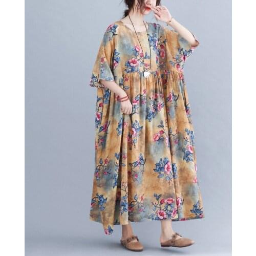 100kg Women Dress 2021 New Arrival Short Sleeve Loose Summer Dress Print Floral Cotton Linen Vintage Dress Travel Casual Dress