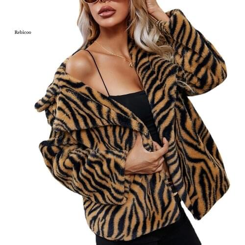 Winter Women Coats Warm Leopard Women Jacket Zebra Pattern Long Sleeve Turn-Down Collar Cardigan Outwear Lady Top Streetwear