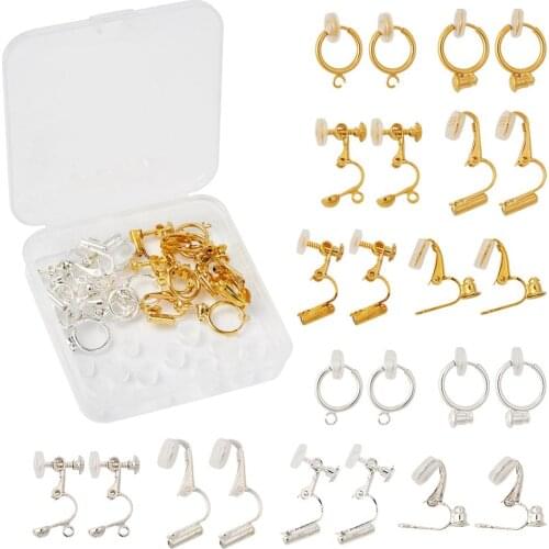 1Box Brass Clip-on Earrings Findings with Plastic Ear Clip Pad For Non-pierced Ears, Mixed Color, 15.5x12x7.5mm, Hole: 0.6mm