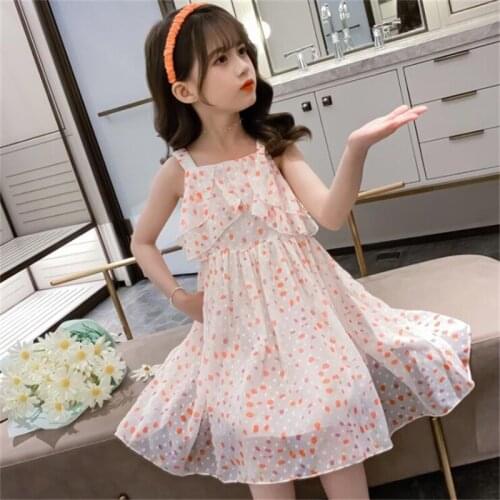 Sleeveless Teens Kids Dresses for Childrens Summer Clothes 2021 New Girls Princess Sling Chiffon Beach Dress