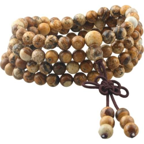SUNYIK Picture Jaspe 6mm Buddhist Buddha Meditation 108 Prayer Bead Mala Bracelet/Necklace