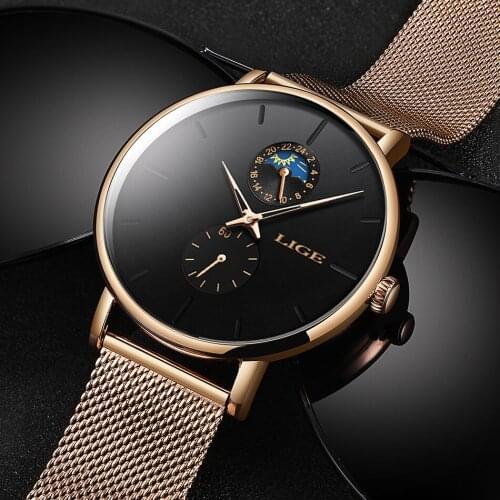 LIGE New Fashion Mens Business Casual Watches 24 hrs Unique Design Quartz Gold Watch Waterproof Sport WristWatch erkek kol saati