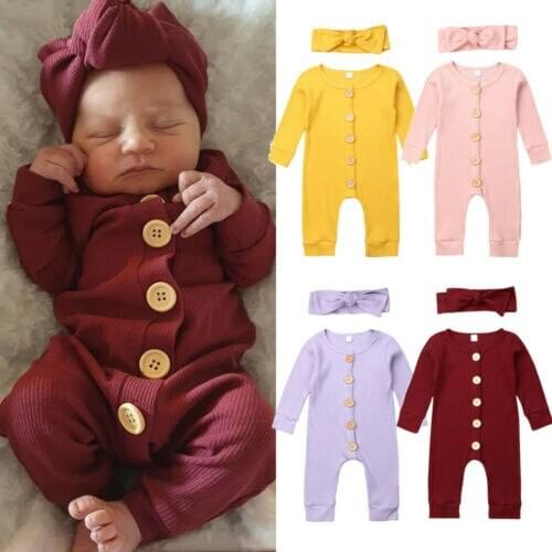 Pudcoco Newborn Baby Girls Boys Rompers Kids Soild Cotton Jumpsuit Infant Long Sleeve Playsuit + Headbands Outfits 2020 Sale