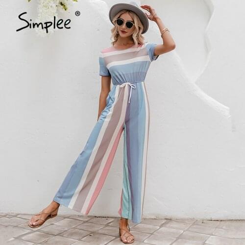 Simplee Womens casual bandage striped wide leg jumpsuit High waist spring streetwear playsuit Rainbow colorful jumpsuits summer